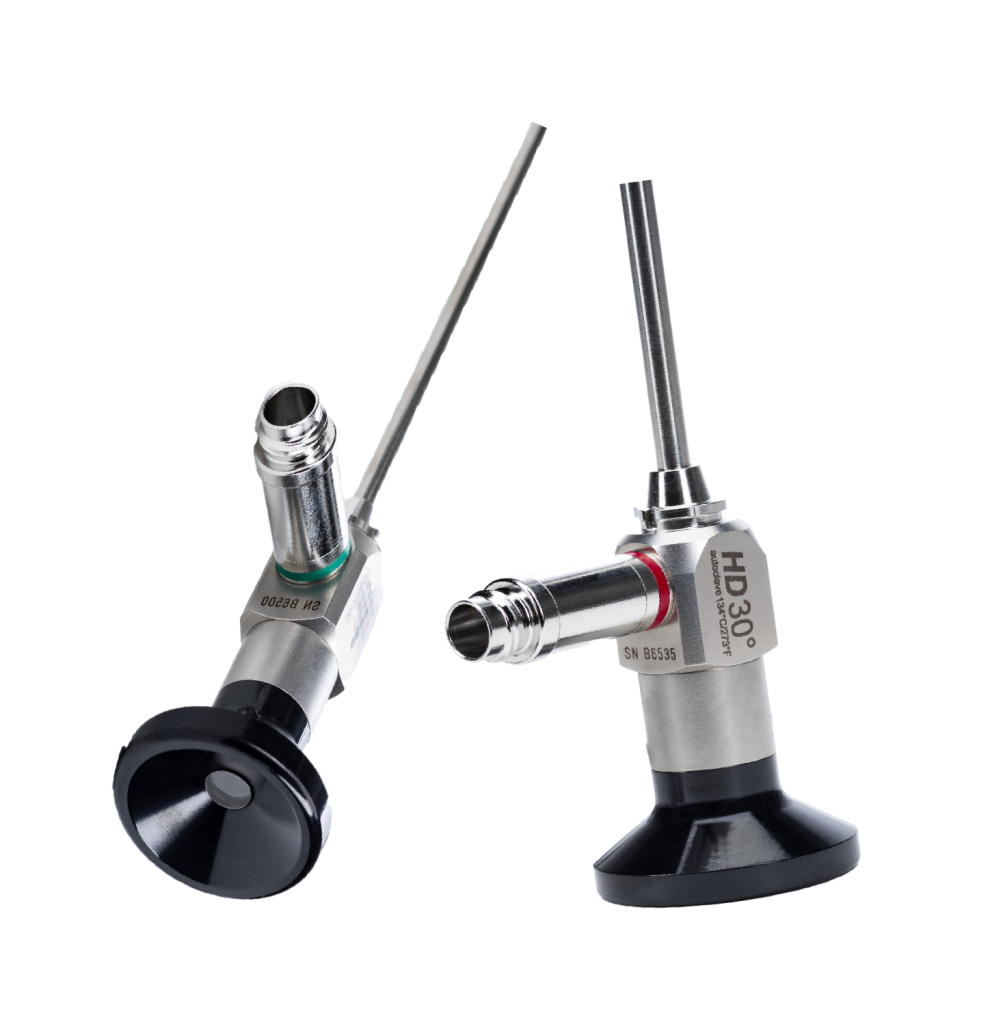 Two HD arthroscopes with 30° viewing direction next to each other, each with light connection and eyepiece